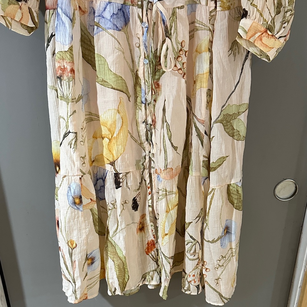 H&M Oversized Crinkled Floral Long Sleeve Dress - Cream, Orange, Blue, Green - Picture 6 of 8